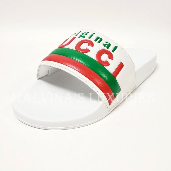 GUCCI SHOES MENS ORIGINAL WHITE LEATHER RUBBER SLIDE SANDAL w WEB sz 8G 8.5 US - Picture 7 of 15